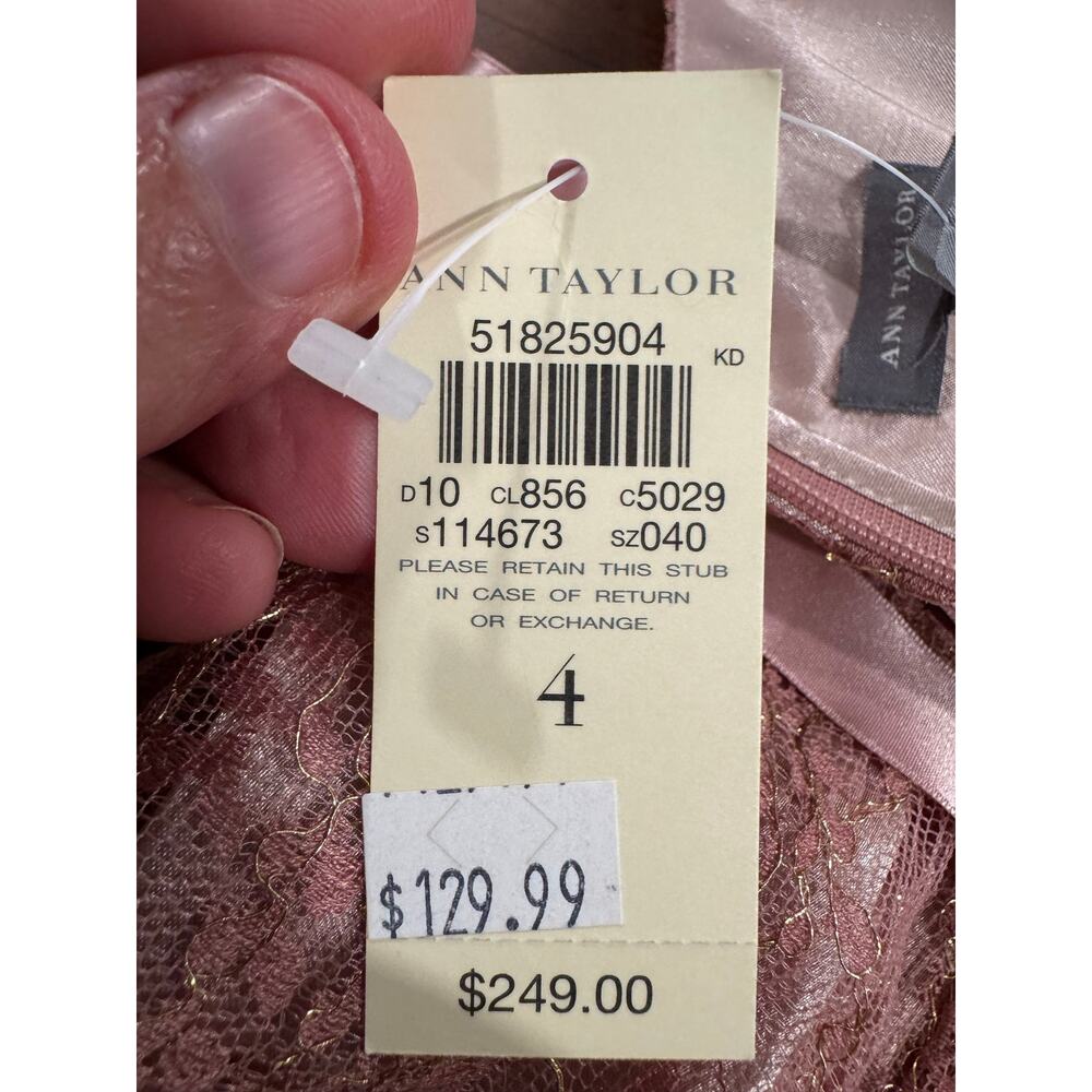NWT Ann Taylor pink and gold metallic lace formal sash cocktail dress Size 4 - Picture 11 of 13